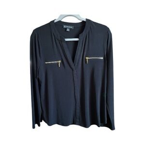 INC International Concepts Black Blouse with Gold Zipper Accents